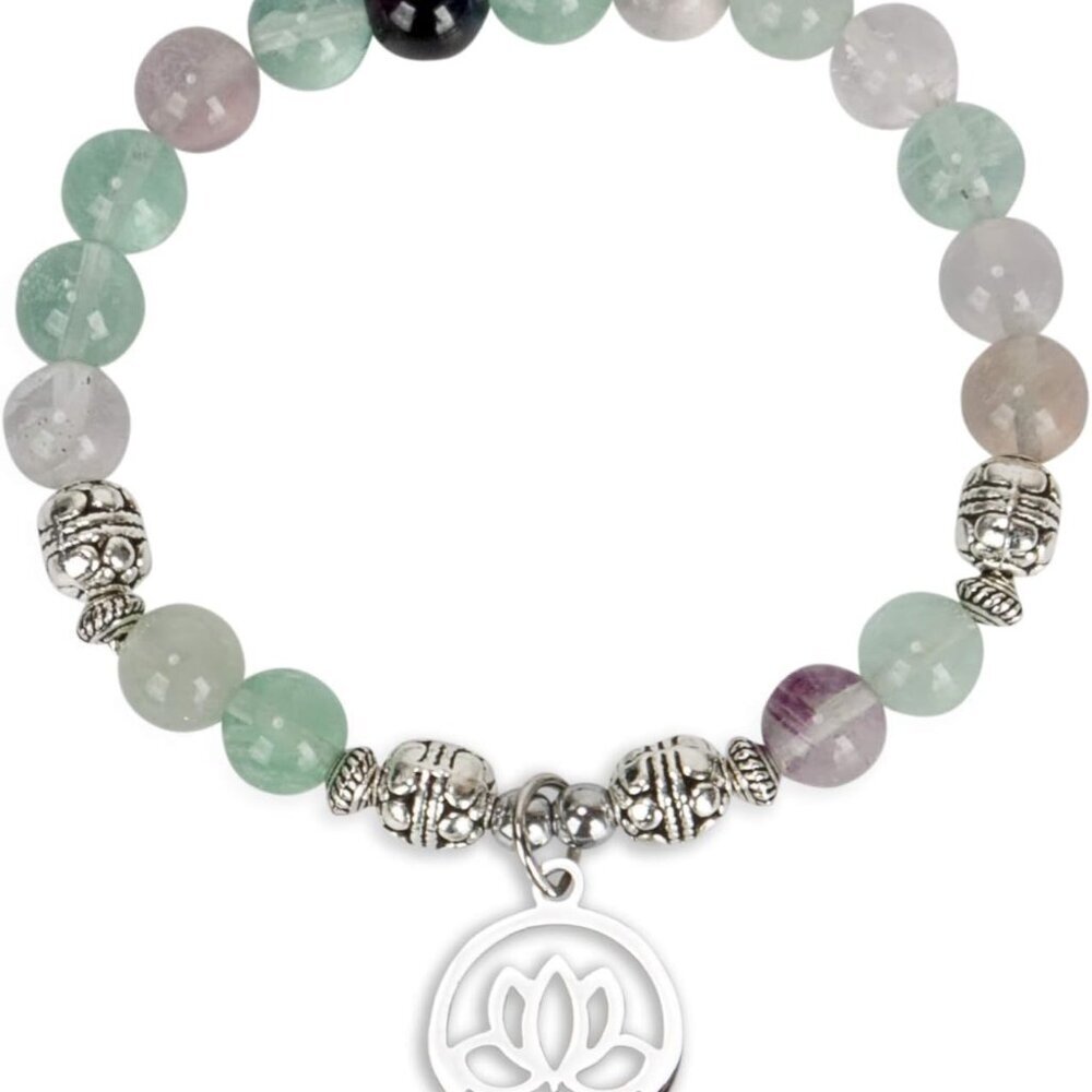 Lotus Crystal Fluorite Healing Energy Bead Bracelet for Women Stainless Steel an